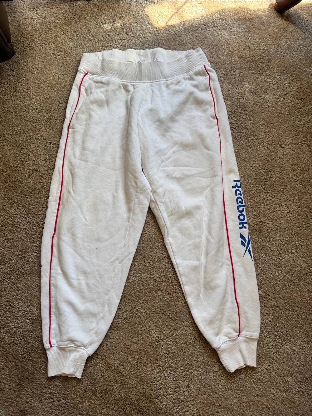 Reebok White Joggers with Red Piping and Blue Logo